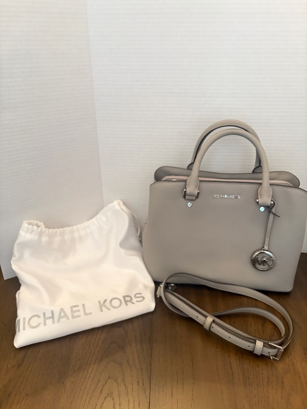 Michael Kors Light Gray Leather Satchel with MK Charm - Picture 4 of 4